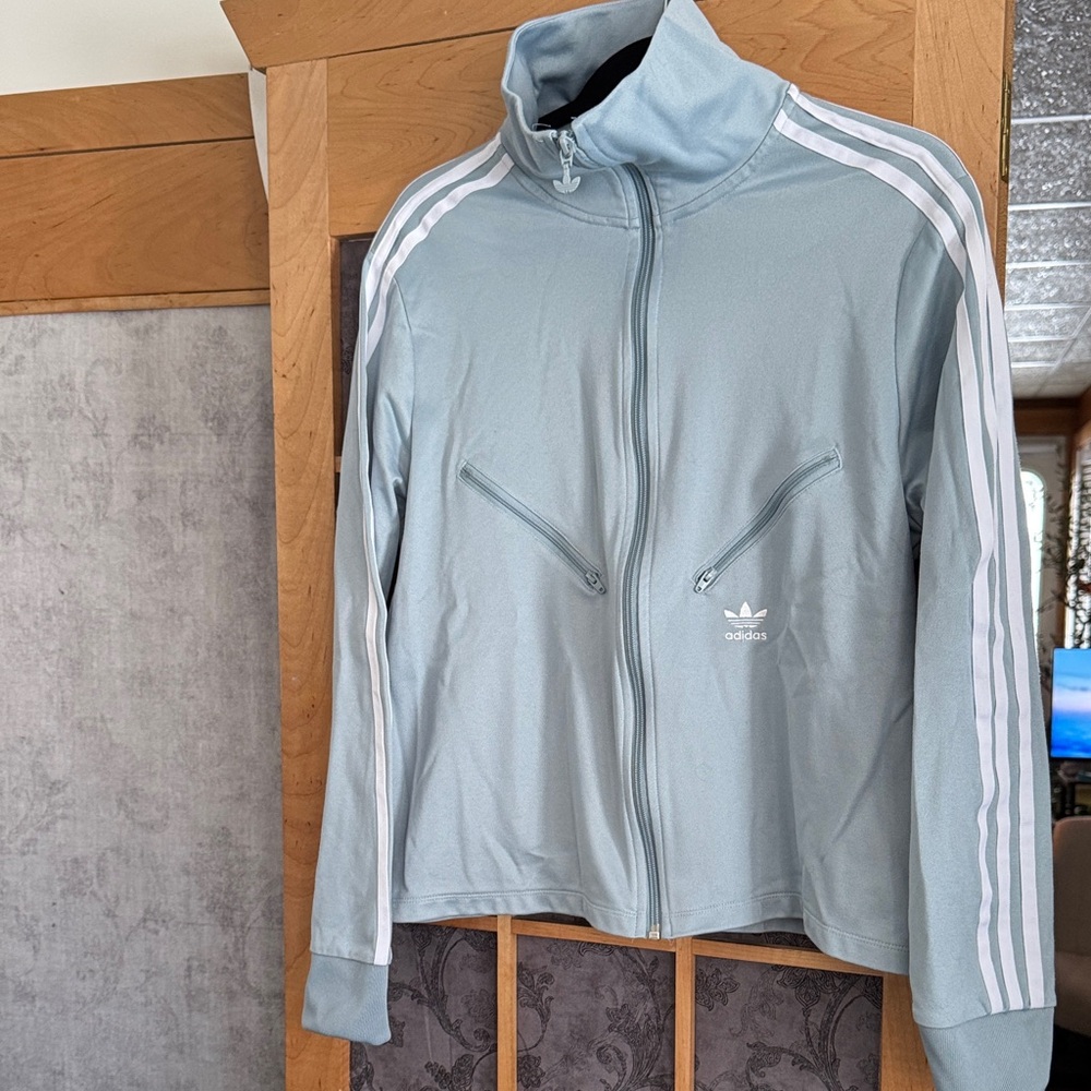 Adidas Women’s Sky Blue Track Jacket with White Stripes